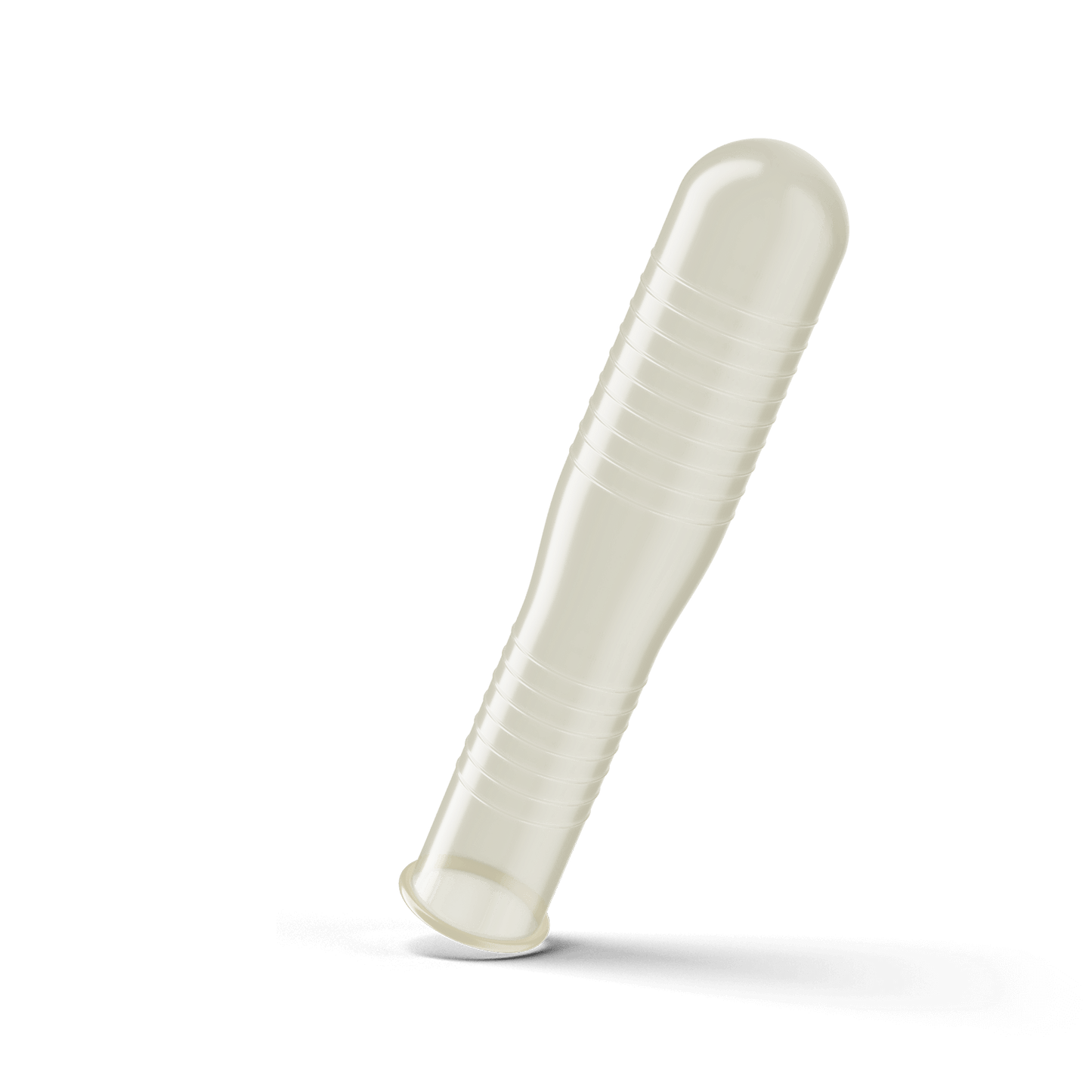 The Trojan Ecstasy Ultra Ribbed condom unrolled onto nothing, showcasing the bulbous shape with ribs along the full length of the condom. | Kinkly Shop