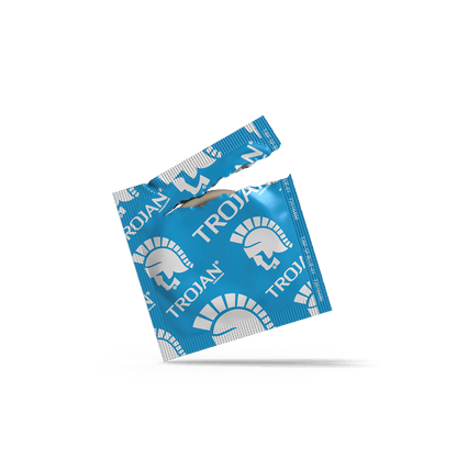One of the individually-wrapped condom wrappers for the Trojan ENZ | Kinkly
