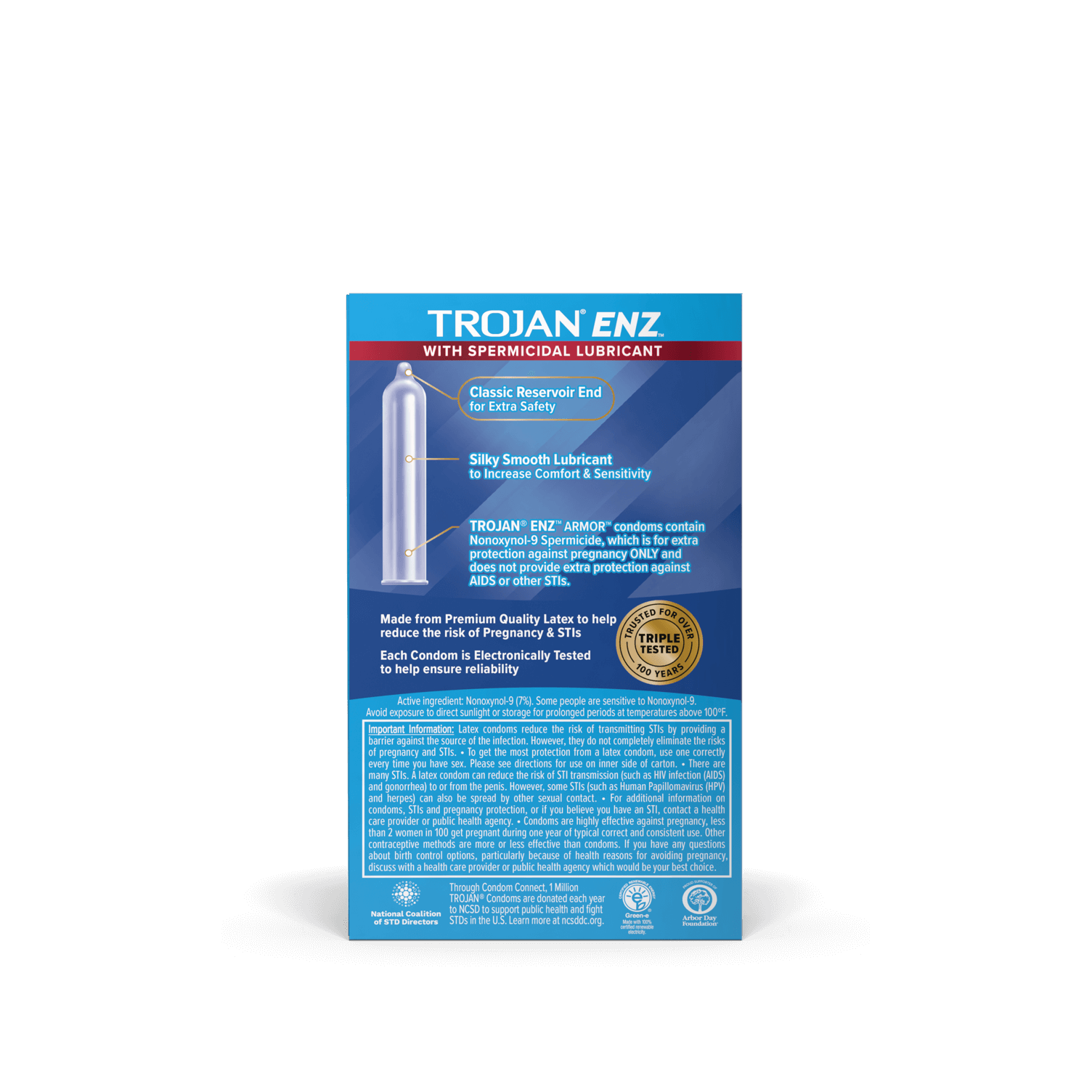 Backside of the Trojan ENZ Spermicidal Lubricated packaging | Kinkly