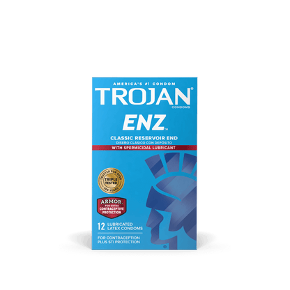 Packaging for the 12 pack of the Trojan ENZ Spermicidal Lubricated | Kinkly