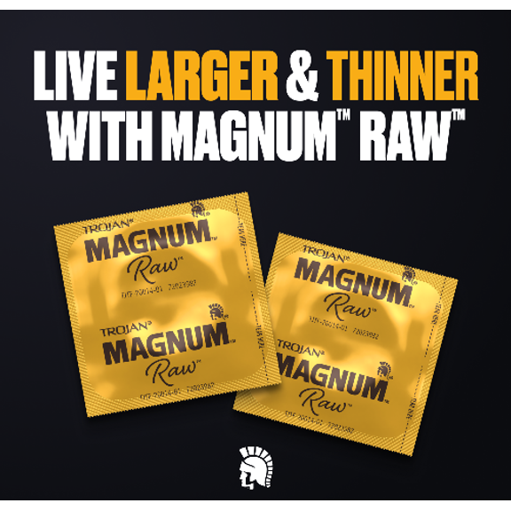 Two of the individually-wrapped condoms from the Trojan Magnum Raw. Text on the image reads: Live larger and thinner with Magnum Raw | Kinkly