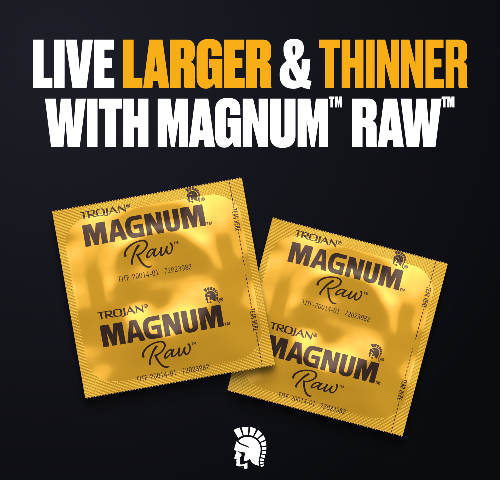 Two of the individually-wrapped condoms from the Trojan Magnum Raw. Text on the image reads: Live larger and thinner with Magnum Raw | Kinkly