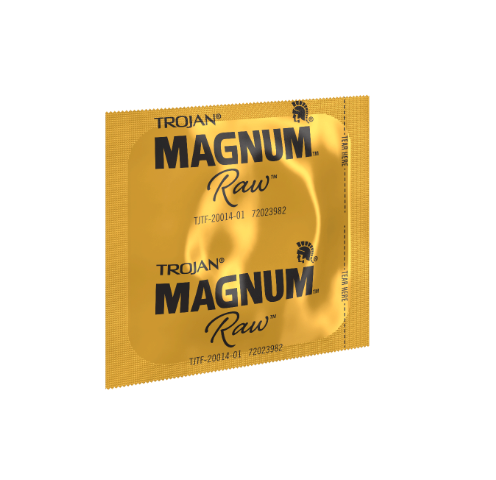 Individually-wrapped condom from the 3 pack of the Trojan Magnum Raw | Kinkly