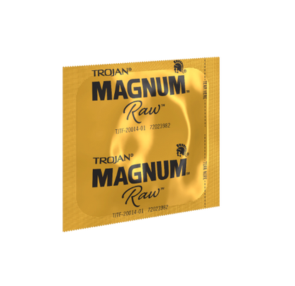 Individually-wrapped condom from the 3 pack of the Trojan Magnum Raw | Kinkly