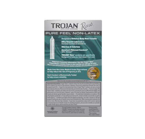 Backside of the packaging of the Trojan Raw Pure Feel Non-Latex Condoms | Kinkly Shop