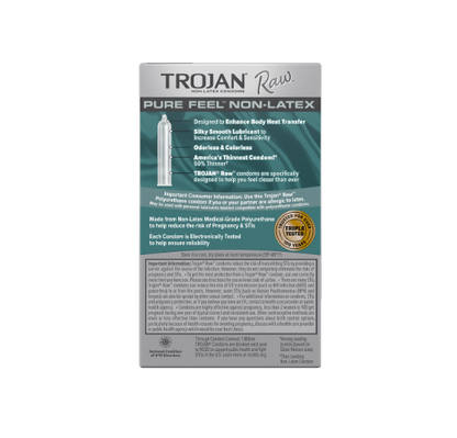 Backside of the packaging of the Trojan Raw Pure Feel Non-Latex Condoms | Kinkly Shop