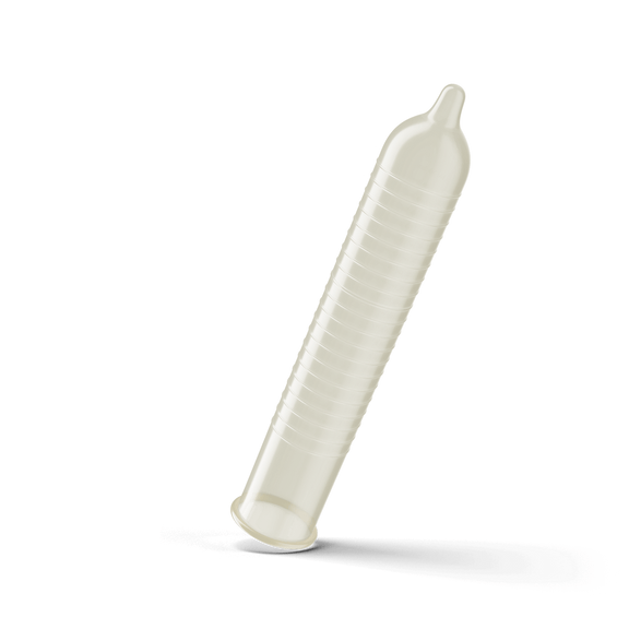 The Trojan Ultra Ribbed Condoms unrolled, showcasing the ribbed, textured design of the length of the condom. | Kinkly Shop