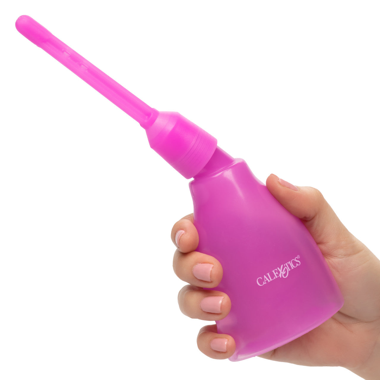 A hand holds the fully assembled Ultimate Douche. The triangular shape of the douche bottle makes it look very comfortable to grip in the hands. | Kinkly Shop