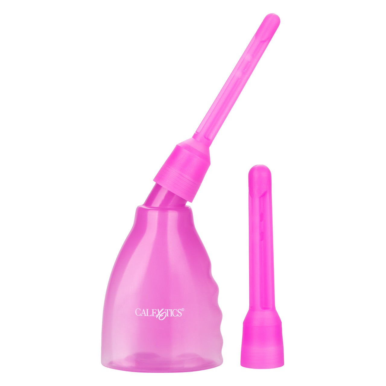 Ultimate Douche in Purple. The slender nozzle is screwed on the top of the douche while the thicker nozzle is sitting next to it. | Kinkly Shop