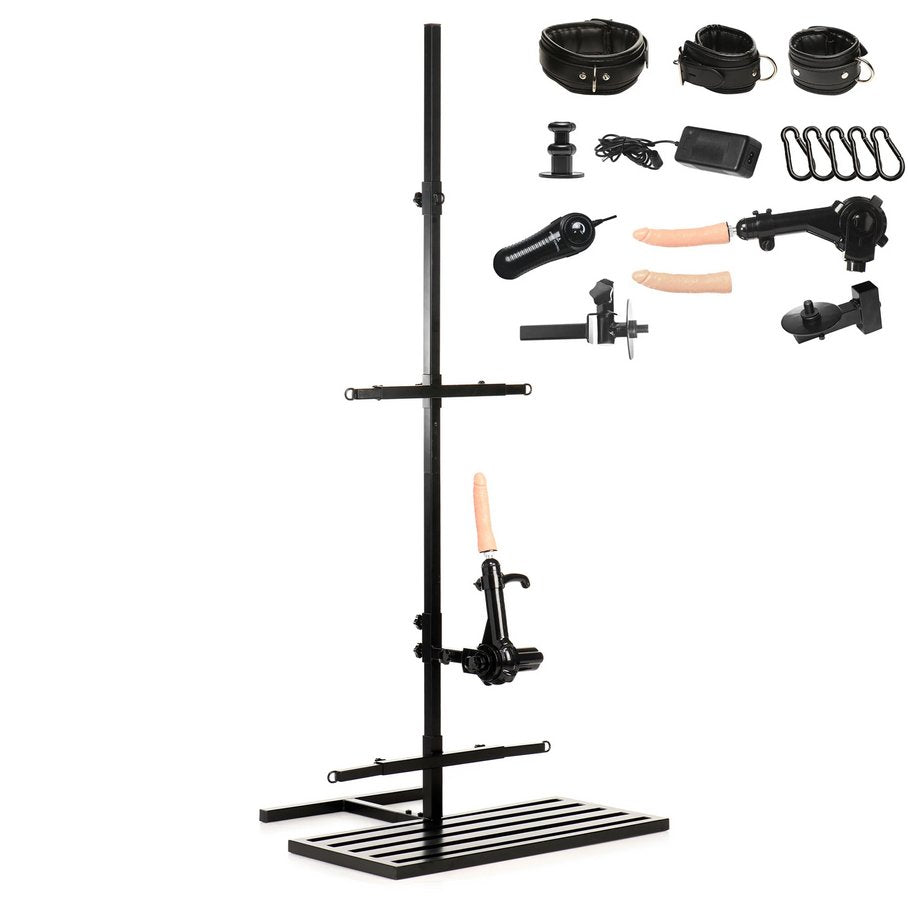 The Ultimate Enforcer Forced Orgasm Tower with Sex Machine shown next to all of the accessories that are included with the sex furniture. | Kinkly Shop