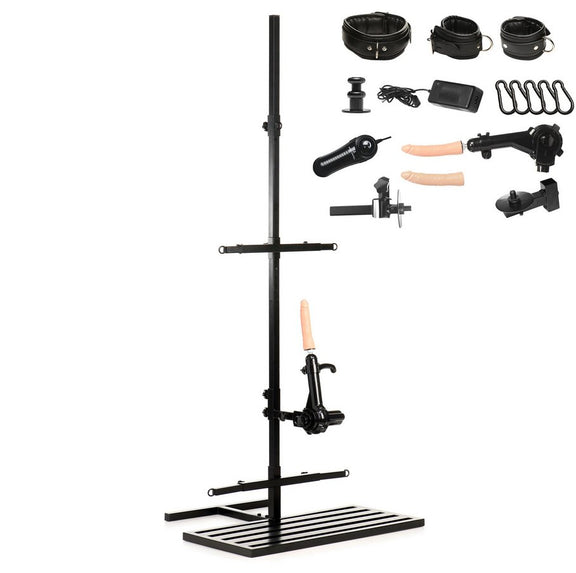 The Ultimate Enforcer Forced Orgasm Tower with Sex Machine shown next to all of the accessories that are included with the sex furniture. | Kinkly Shop