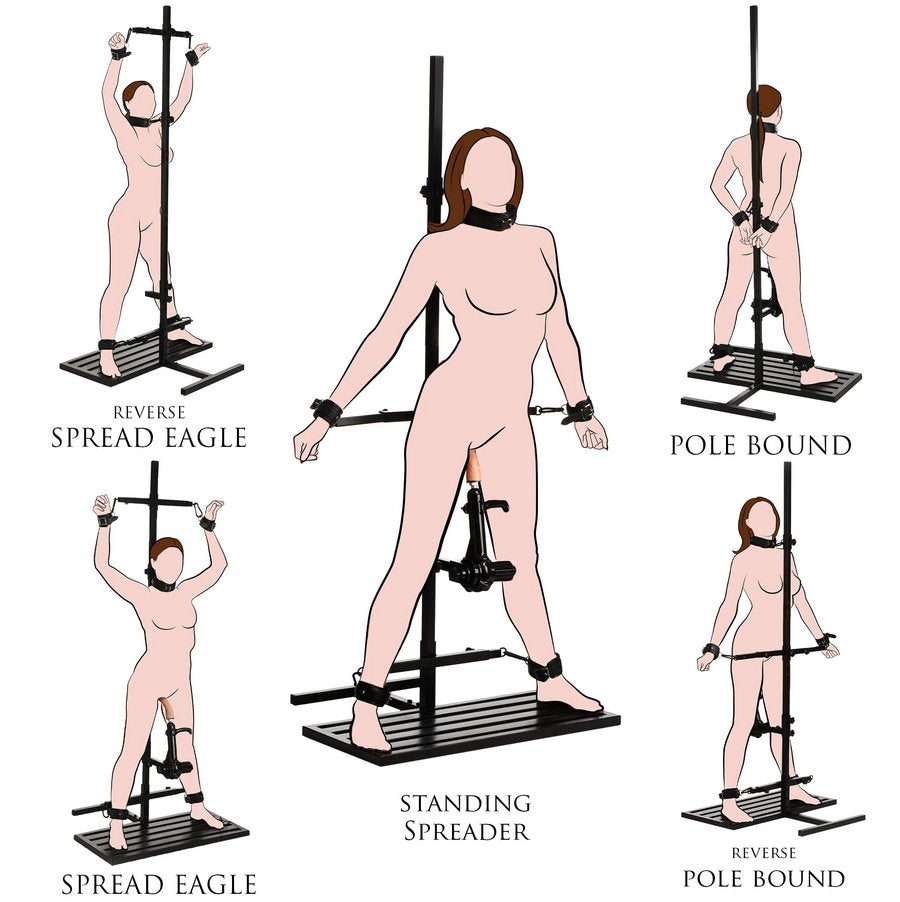 Collage of illustrations that show 5 different positions that you can easily use with the Ultimate Enforcer Forced Orgasm Tower with Sex Machine to get your inspiration started. | Kinkly Shop