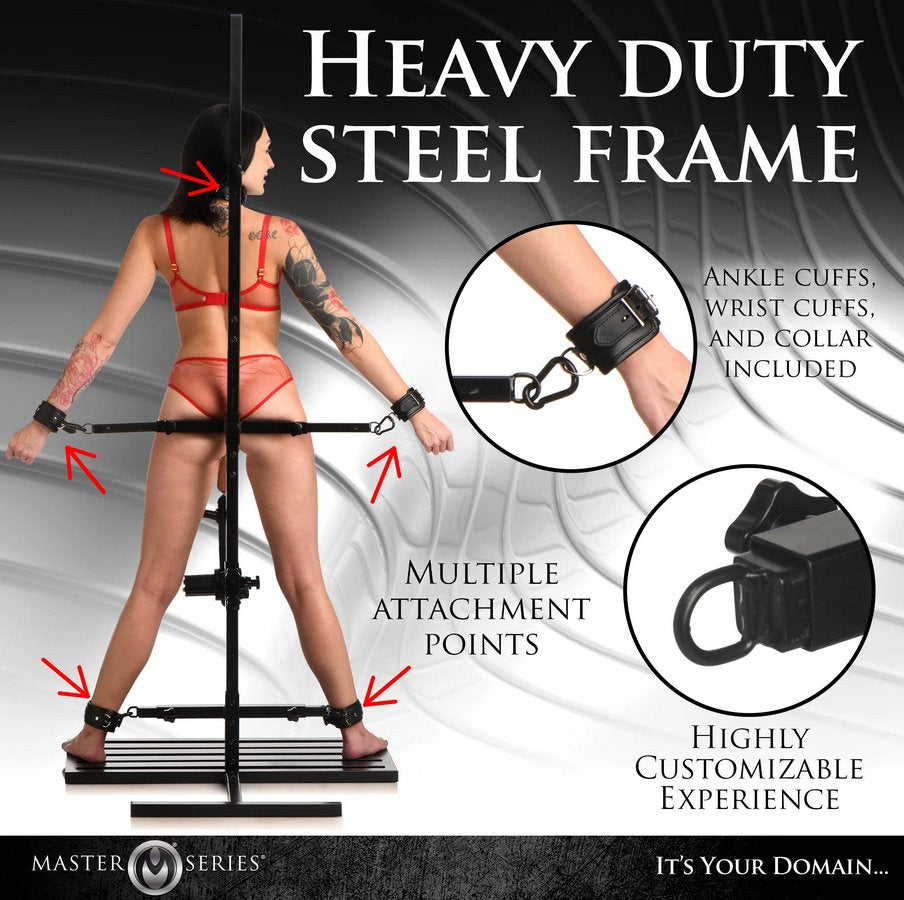 A person in lingerie is standing in front of the Ultimate Enforcer Forced Orgasm Tower with Sex Machine. Text on the image reads: "Heavy duty steel frame. Ankle cuffs, wrist cuffs, and collar included. Multiple attachment points. Highly customizable experience." | Kinkly Shop
