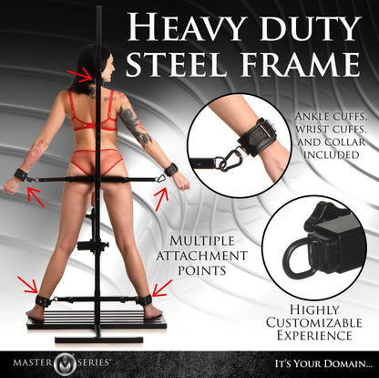 A person in lingerie is standing in front of the Ultimate Enforcer Forced Orgasm Tower with Sex Machine. Text on the image reads: "Heavy duty steel frame. Ankle cuffs, wrist cuffs, and collar included. Multiple attachment points. Highly customizable experience." | Kinkly Shop