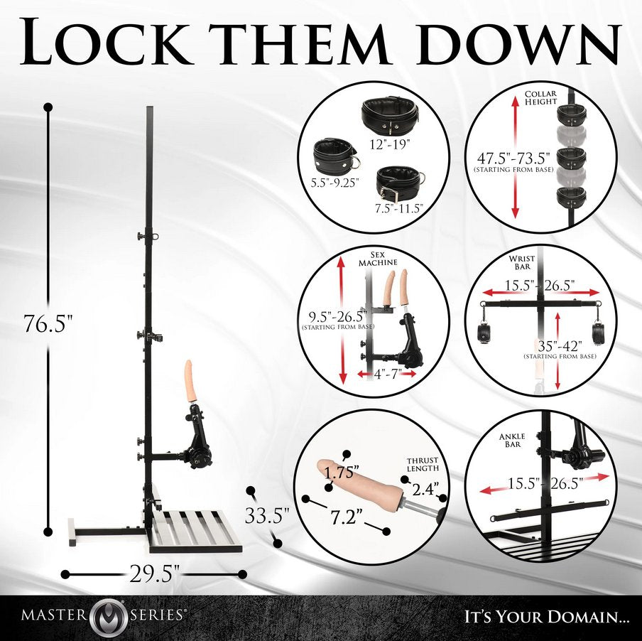 Various parts of the Ultimate Enforcer Forced Orgasm Tower with Sex Machine set with measurements for each item superimposed over top of each item. All measurements are included via text within the product description. | Kinkly Shop