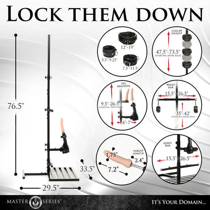Various parts of the Ultimate Enforcer Forced Orgasm Tower with Sex Machine set with measurements for each item superimposed over top of each item. All measurements are included via text within the product description. | Kinkly Shop