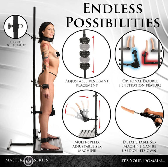 Collage of images of the Ultimate Enforcer Forced Orgasm Tower with Sex Machine showcases various features. Text reads: "Endless possibilities. Adjustable restraint placement. Optional double penetration feature. Multi-speed, adjustable sex machine. Detachable sex machine can be used on its own!" | Kinkly Shop