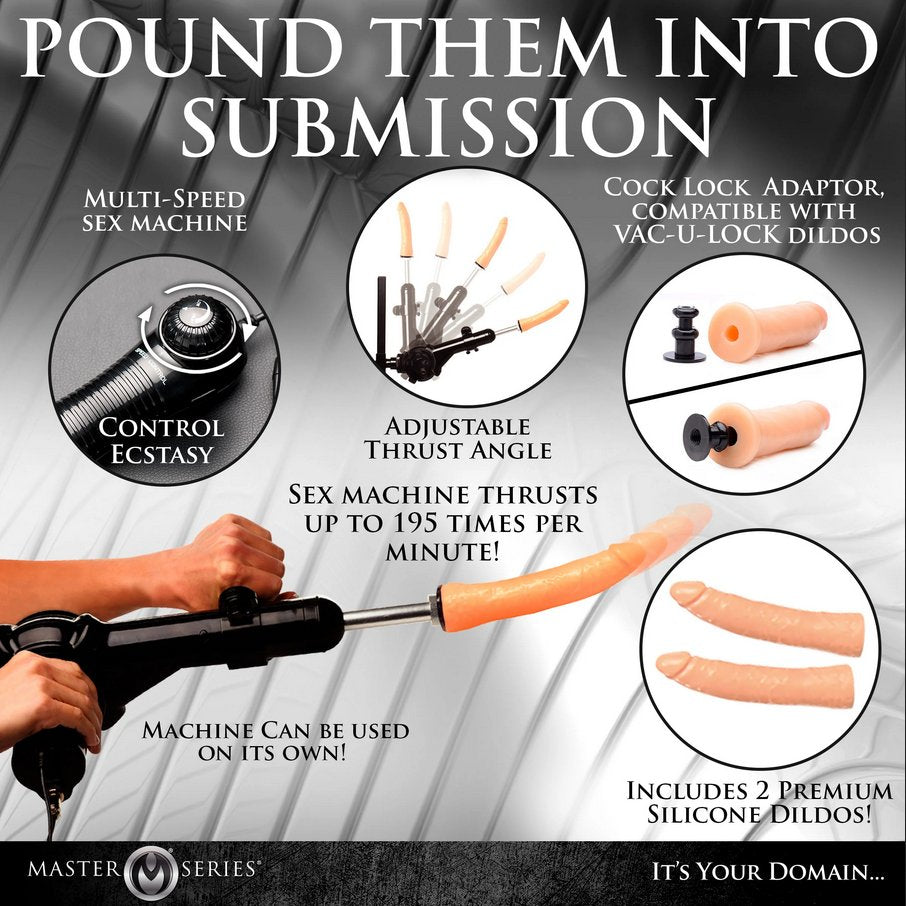 Collage of images showcasing various features of the Ultimate Enforcer Forced Orgasm Tower with Sex Machine. Text on the image reads: "Pound them into submission. Multi-speed sex machine. Control ecstasy. Adjustable thrust angle. Compatible with Vac-U-Lock dildos. Sex machine thrusts up to 195 times per minute. Machine can be used on its own. Includes 2 premium silicone dildos!" | Kinkly Shop