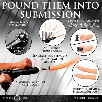 Collage of images showcasing various features of the Ultimate Enforcer Forced Orgasm Tower with Sex Machine. Text on the image reads: "Pound them into submission. Multi-speed sex machine. Control ecstasy. Adjustable thrust angle. Compatible with Vac-U-Lock dildos. Sex machine thrusts up to 195 times per minute. Machine can be used on its own. Includes 2 premium silicone dildos!" | Kinkly Shop