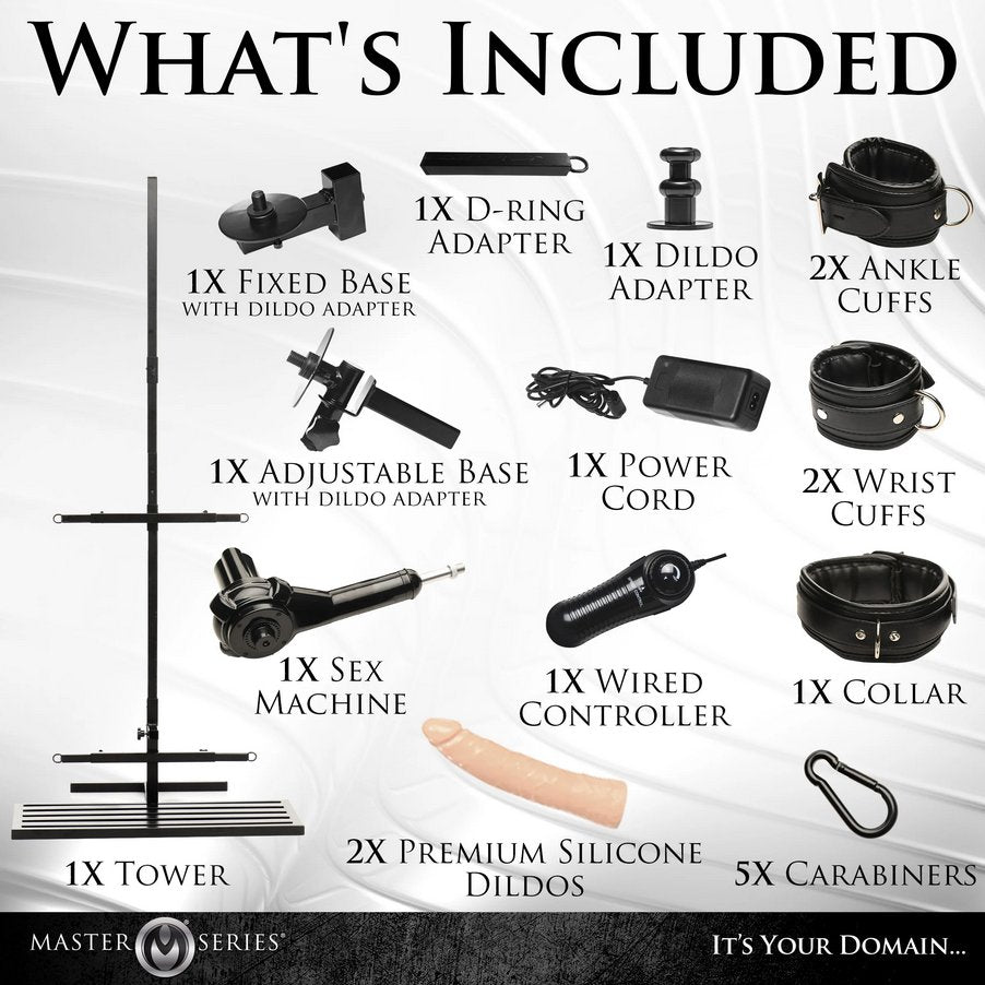 An image collage showcasing all of the images that are included with the Ultimate Enforcer Forced Orgasm Tower with Sex Machine. The list of all of the items is included within the product description text. | Kinkly Shop