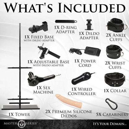 An image collage showcasing all of the images that are included with the Ultimate Enforcer Forced Orgasm Tower with Sex Machine. The list of all of the items is included within the product description text. | Kinkly Shop