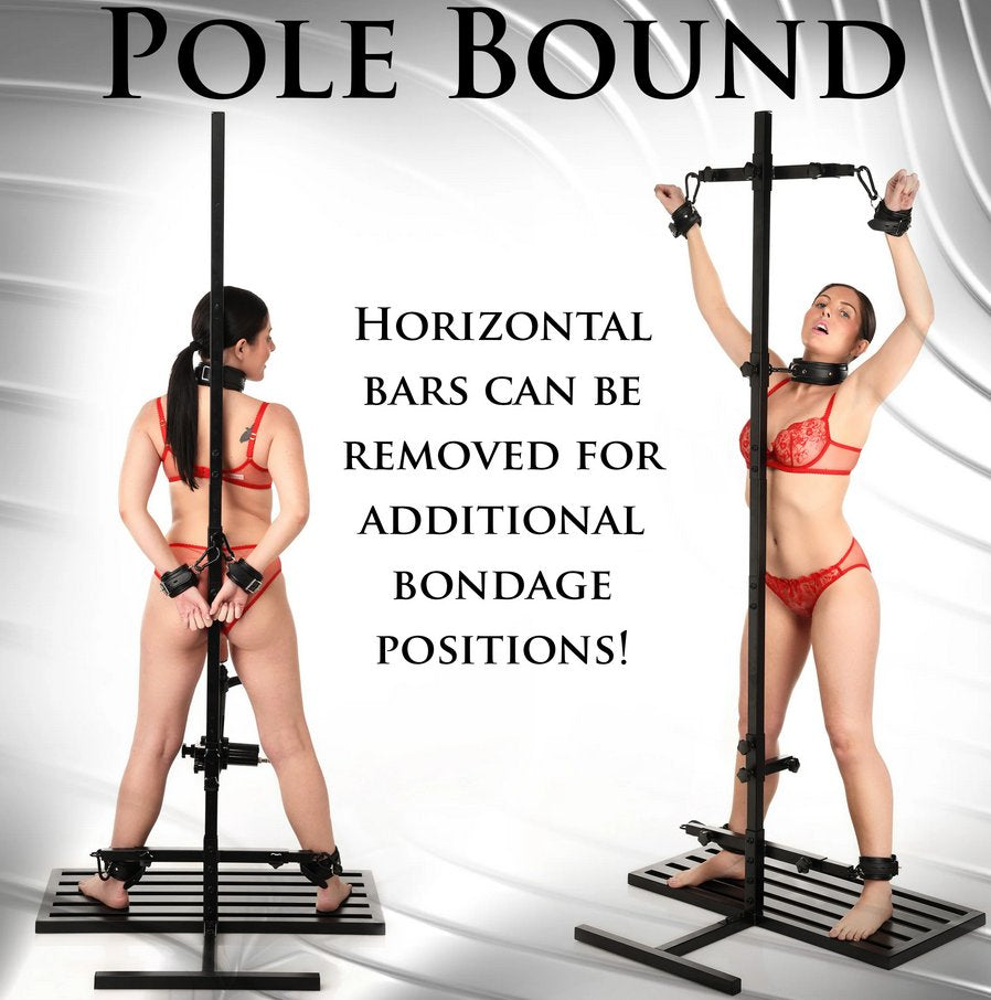 Two images show a person in red lingerie restrained to the Ultimate Enforcer Forced Orgasm Tower with Sex Machine. Text on the image reads: "Pole bound. Horizontal bars can be removed for additional bondage points." | Kinkly Shop