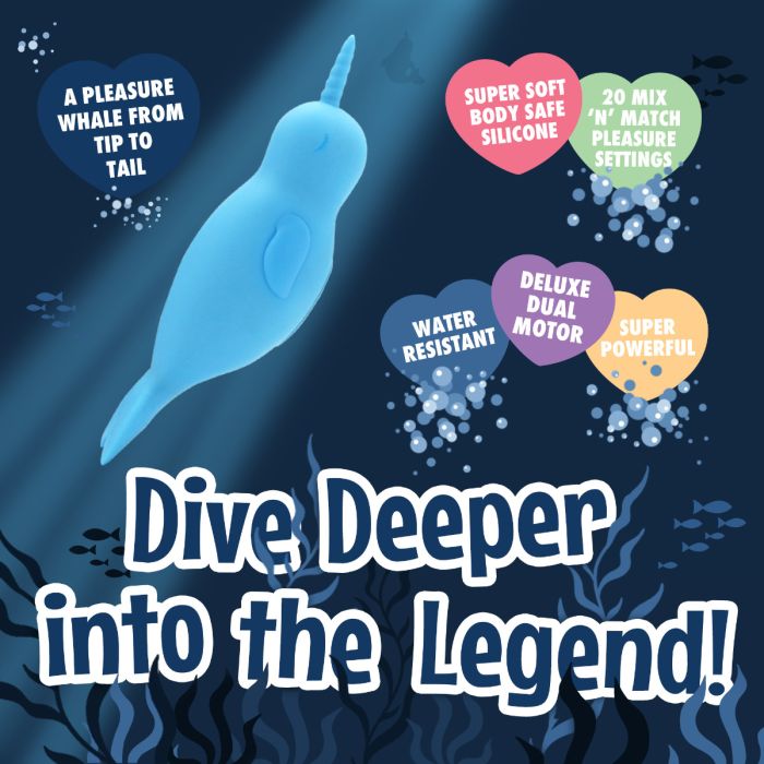 The Unihorn of the Sea shown next to a text list of features. Text includes: A pleasure whale from tip to tail. Super soft body-safe silicone. 20 mix and match pleasure settings. Water resistant. Deluxe dual motor. Super powerful." | Kinkly Shop