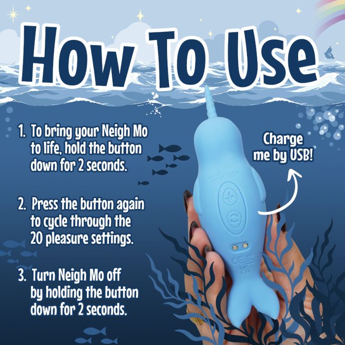 A person holds the tummy of the Unihorn of the Sea to the camera, showing off the two buttons on the tummy. Text reads: "How to use. To bring to life, hold the button down for 2 seconds. Press the button again to cycle through 20 pleasure settings. Turn it off by holding the button down for 2 seconds." | Kinkly Shop