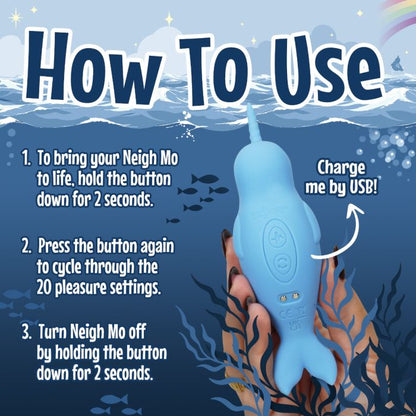 A person holds the tummy of the Unihorn of the Sea to the camera, showing off the two buttons on the tummy. Text reads: "How to use. To bring to life, hold the button down for 2 seconds. Press the button again to cycle through 20 pleasure settings. Turn it off by holding the button down for 2 seconds." | Kinkly Shop