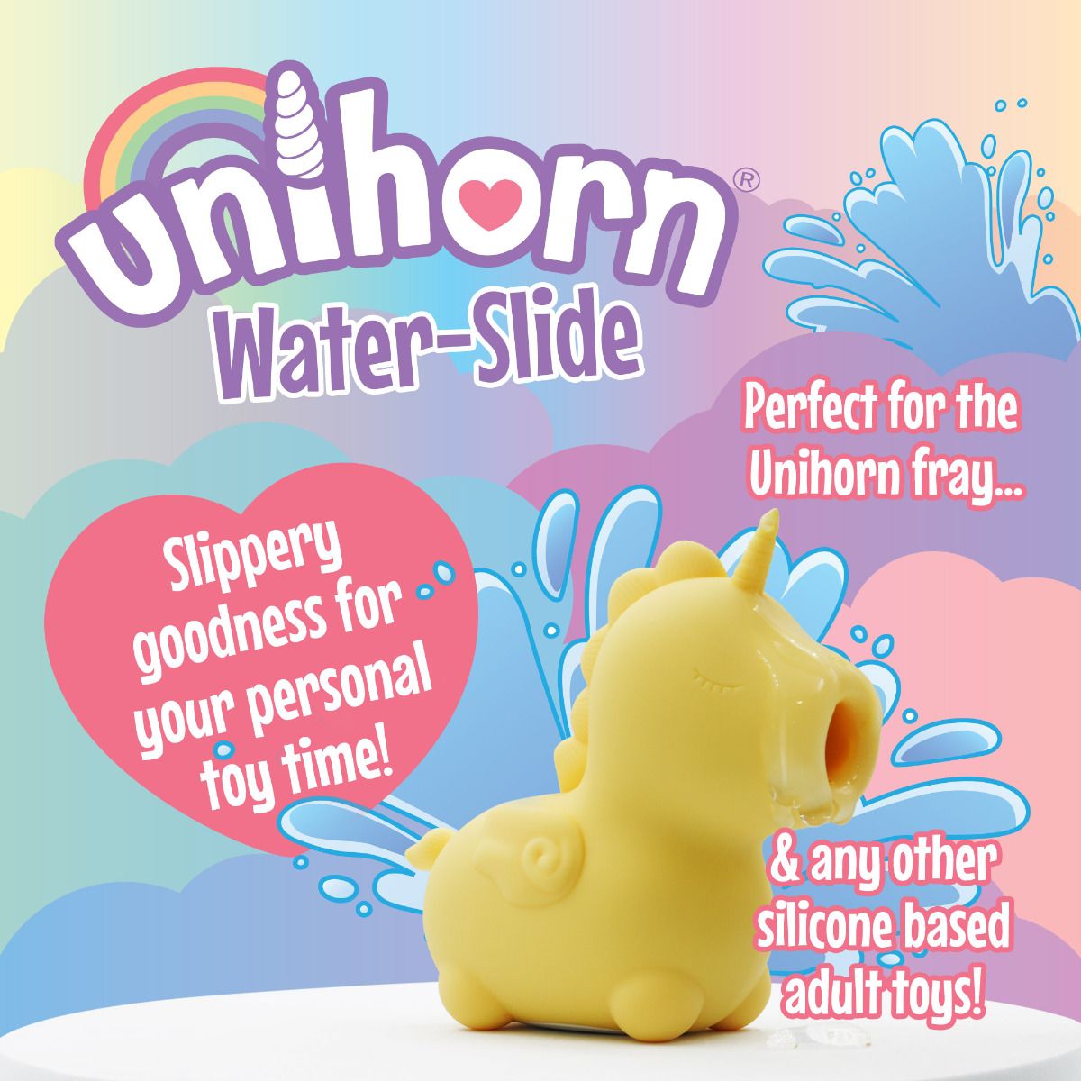 Text on the image reads: "Unihorn water-slide. Slippery goodness for your personal toy time. Perfect for the Unihorn fray. And any other silicone-based adult toys!" | Kinkly Shop