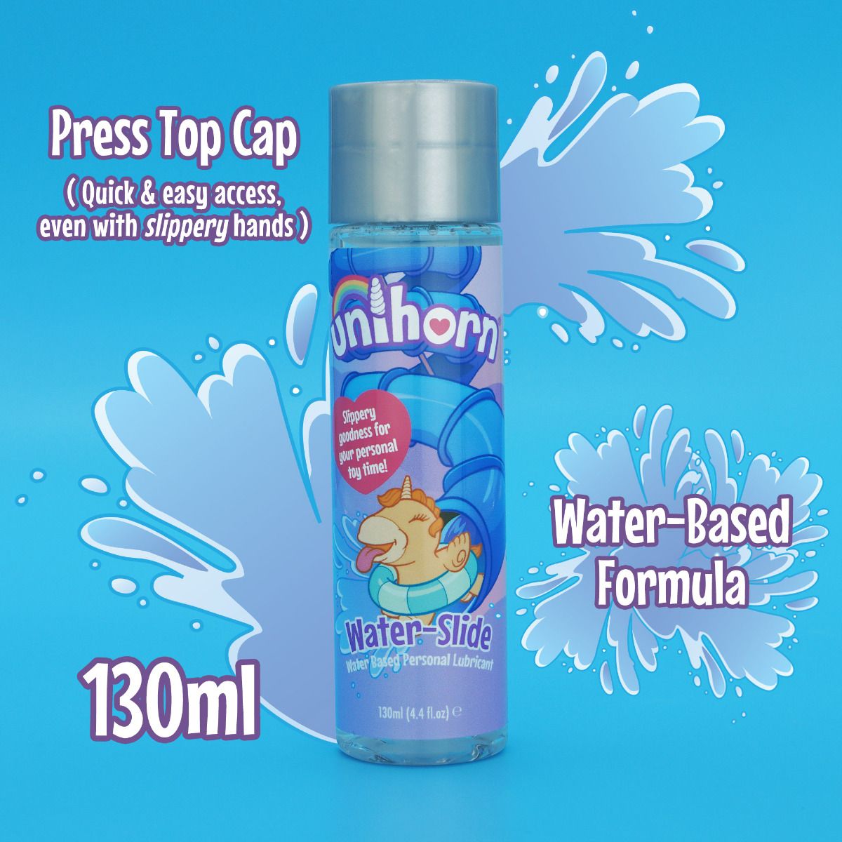 The Unihorn Lube - 4.4 oz with text on the image. Text reads: Press top cap. Quick and easy access, even with slippery hands. Water-based formula. 130ml." | Kinkly Shop