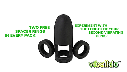 GIF showcases the ViBalldo sitting in the center of the image, shaking with vibrations. Text on the GIF reads "Two free spacer rings in every pack! Experiment with the length of your second vibrating penis!" | Kinkly Shop