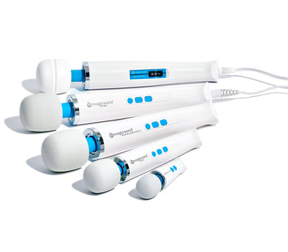 All of the different Magic Wand vibrators lined up next to one another. The Magic Wand Micro wand massager vibrator is by far the smallest, less than half in length than the Mini. It's about one-third the length of the full-sized massagers. | Kinkly Shop