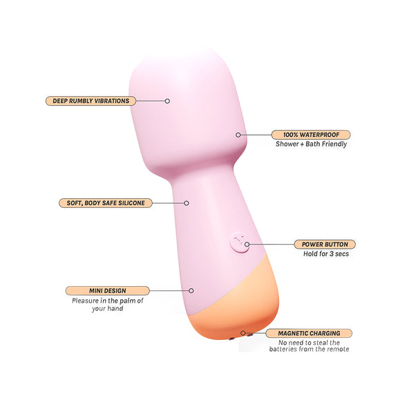 The VUSH Peachy Mini Wand shown with text and feature points showcasing various aspects of the toy. Text reads: Deep rumbly vibrations. 100% waterproof for shower and bath play. Soft body-safe silicone. Power button can be held for 3 seconds. Mini design fits in the palm of your hands. Magnetic charging - no batteries required. | Kinkly