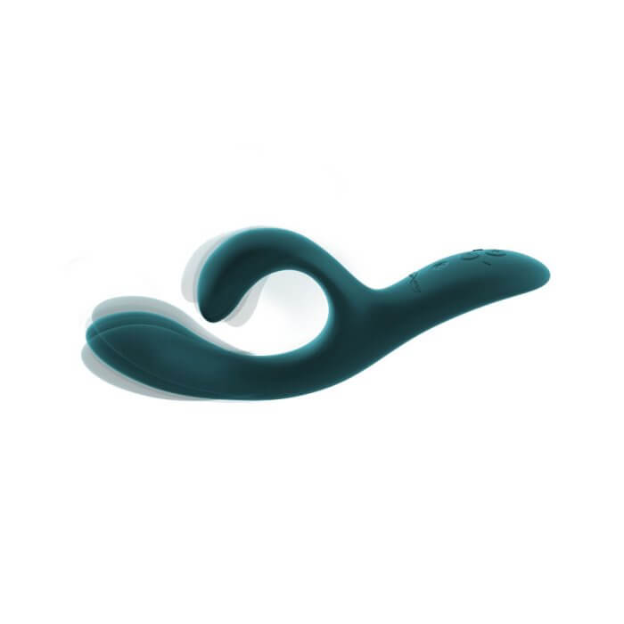 The We-Vibe Nova 2 with super-imposed images overtop of the original one, showcasing how both the insertable shaft and the clitoral arm are flexible and can be moved around during use to get the right spot. | Kinkly Shop