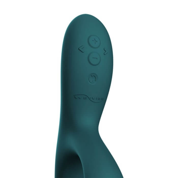 Close-up of the control panel on the We-Vibe Nova 2, showcasing the 5 buttons on the vibrator for easy, precise control of the functions of the rabbit. | Kinkly Shop