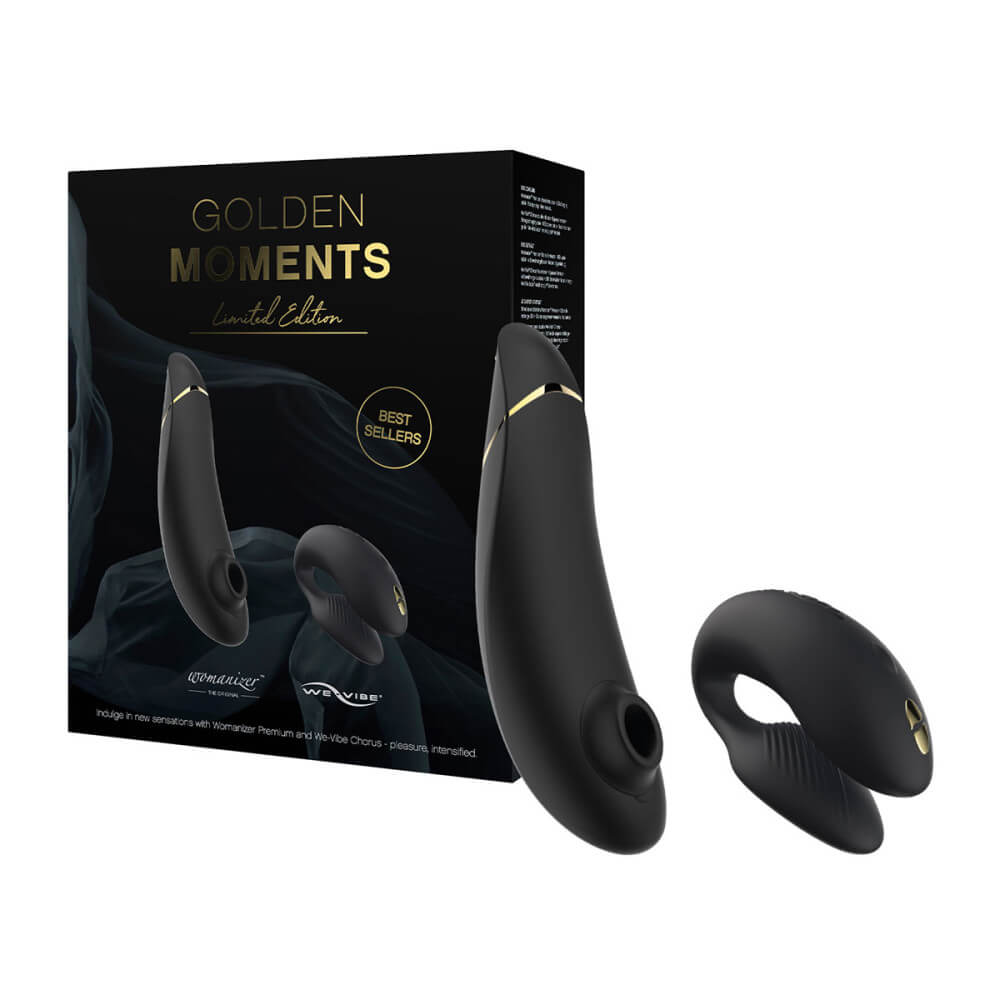 The packaging of the We-Vibe Golden Moments 2 kit next to the Premium 2 vibrator and the We-Vibe Chorus vibrator that come inside of it. | Kinkly Shop
