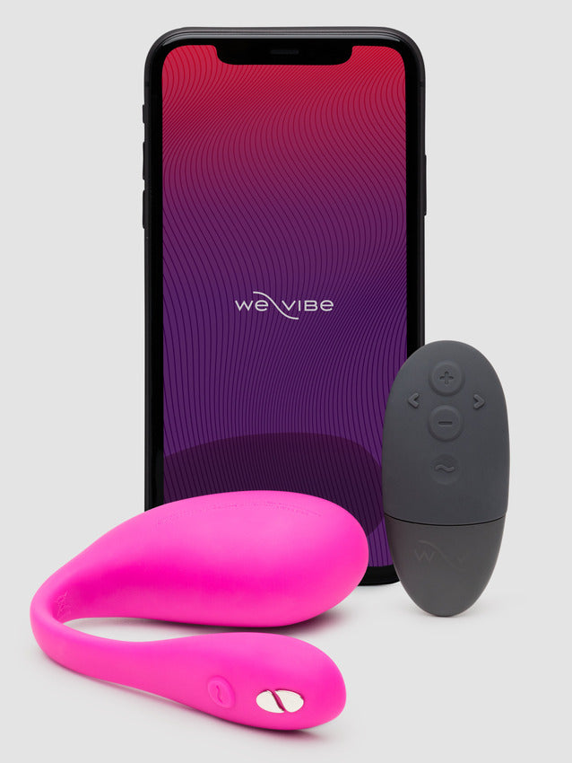 The We-Vibe Jive 2 shown next to the included physical remote and a cell phone pulled up to the We-Vibe app. | Kinkly Shop