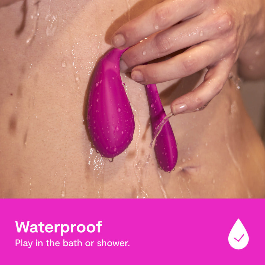 The We-Vibe Jive 2 shown in a shower. Text on the image includes: "Waterproof. Play in the bath or shower." | Kinkly Shop