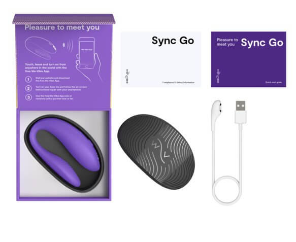Everything that comes with the We-Vibe Sync Go. There's the vibrator itself, the storage container, the quick start guide, the safety guide, and the charging cable for the vibrator. | Kinkly Shop