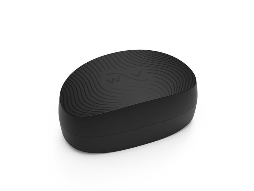 Close-up of the case for the We-Vibe Sync Go. The case is very small and pocket-sized. It has a W/V label etched onto the top of the case, but it doesn't state anything about its adult nature anywhere on the case. | Kinkly Shop