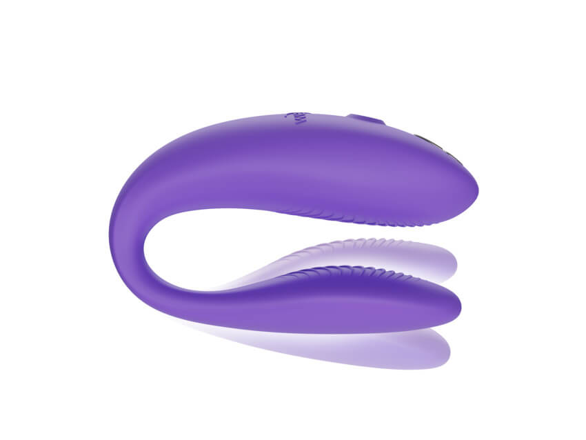 The We-Vibe Sync Go with additional images superimposed over top of the original one, showcasing how flexible the insertable end of the vibrator is. | Kinkly Shop
