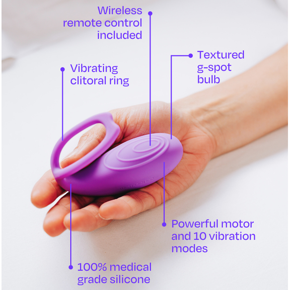 A person holds the Wet for Her RockHer 2.0 in their hand. Text next to arrows point out the features. Text reads: Wireless remote control included. Vibrating clitoral ring. Textured g-spot bulb. Powerful motor and 10 vibration modes. 100% medical grade silicone." | Kinkly Shop
