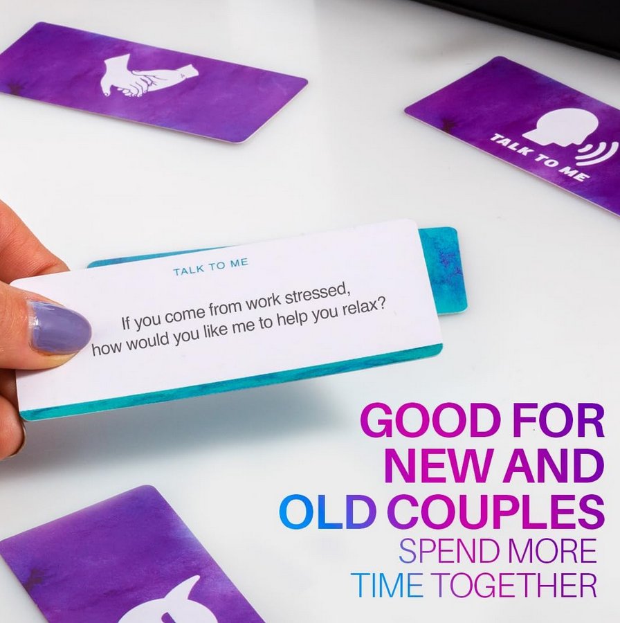 A close-up of a card. Text on the card reads: "If you come home from work stressed, how would you like me to help you relax?" Text on the image itself reads: "Good for new and old couples. Spend more time together." | Kinkly Shop