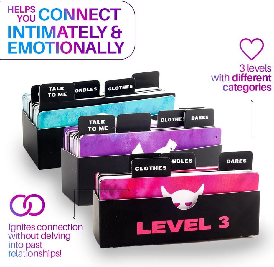 The 170 cards of the Why Not? Spicy Board Game organized into the 3 level boxes for easy use. Text reads: "Helps you connect intimately and emotionally with 3 levels of different categories. Ignites connection without delving into past relationships!" | Kinkly Shop