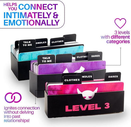The 170 cards of the Why Not? Spicy Board Game organized into the 3 level boxes for easy use. Text reads: "Helps you connect intimately and emotionally with 3 levels of different categories. Ignites connection without delving into past relationships!" | Kinkly Shop