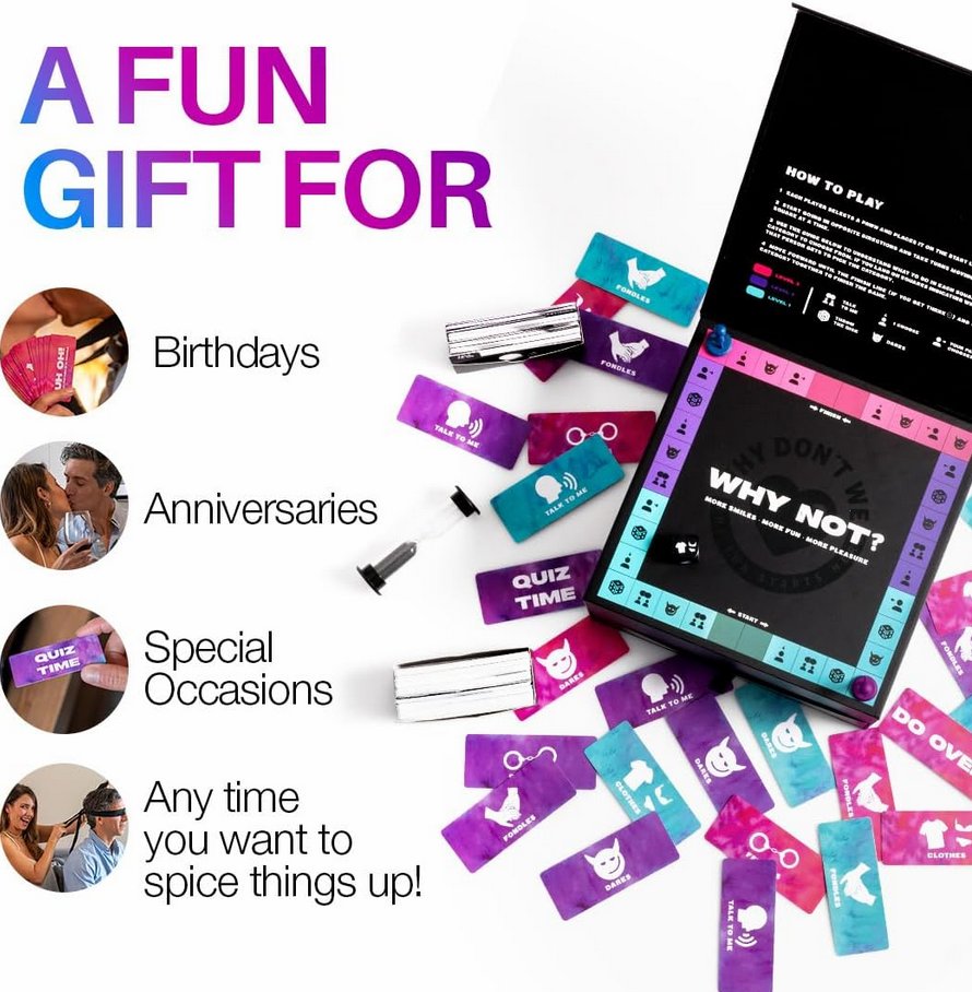 An image of the Why Not? Spicy Board Game. Text on the image reads: "A fun gift for birthdays, anniversaries, special occasions, or any time you want to spice things up!" | Kinkly Shop
