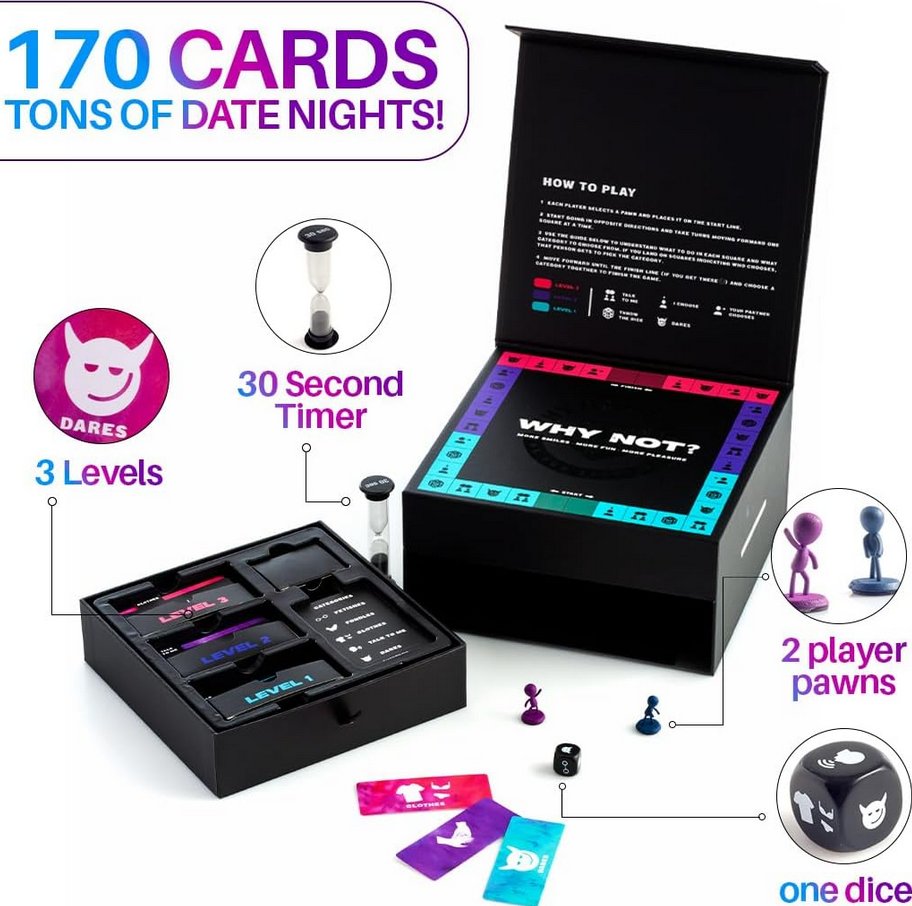 Everything that's included with the Why Not? Spicy Board Game with the game's box opened up to the playing board. Text on the image reads: "170 cards for tons of date nights. 3 levels. 30 second timer. 2 player pawns. one dice." | Kinkly Shop