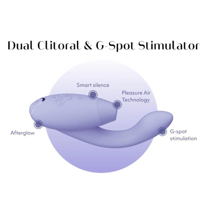 Image of the Womanizer Duo 2 with features pointed out throughout its length. Text on the image reads "Dual Clitoral and G-Spot Stimulator. Afterglow. Smart Silence. Pleasure Air Technology. G-Spot Stimulation." | Kinkly Shop