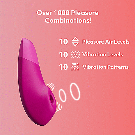 GIF showcases the air suction and vibration of the tip of the Womanizer Enhance. Text on the GIF reads: "Over 1,000 pleasure combinations. 10 Pleasure Air levels. 10 Vibration levels. 10 Vibration patterns." | Kinkly Shop